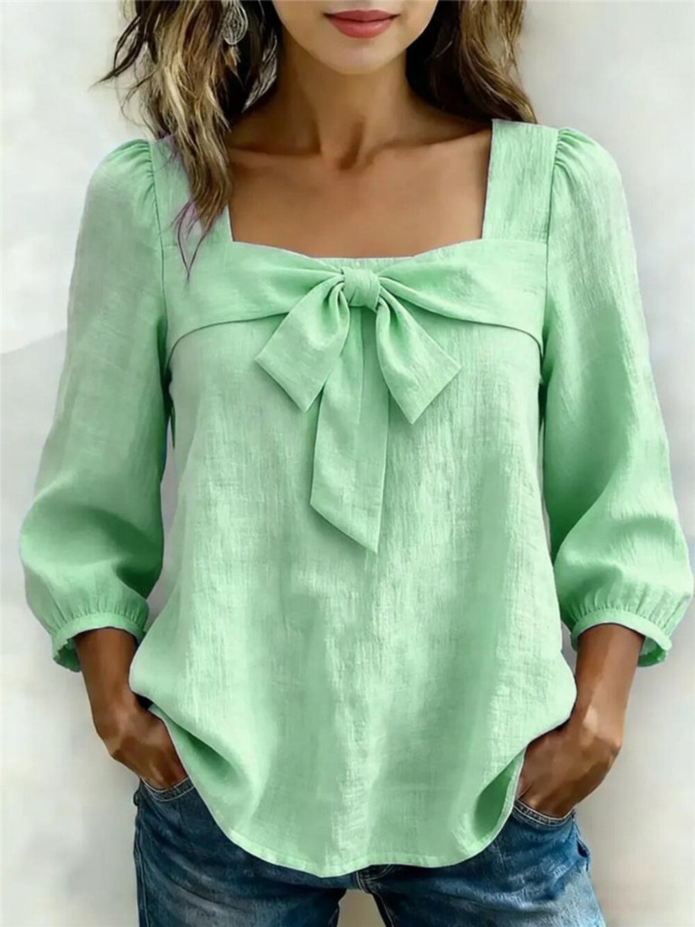 Full Size Bow Front Square Neck Blouse Plus Size